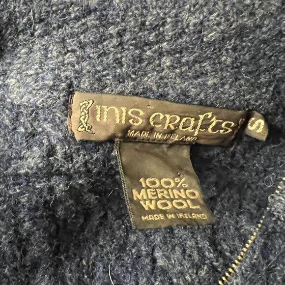 Merino Aran Cable Knit Zip Cardigan Swtr Navy Womens Small Irish Shrunk Fits XS - Picture 3 of 9